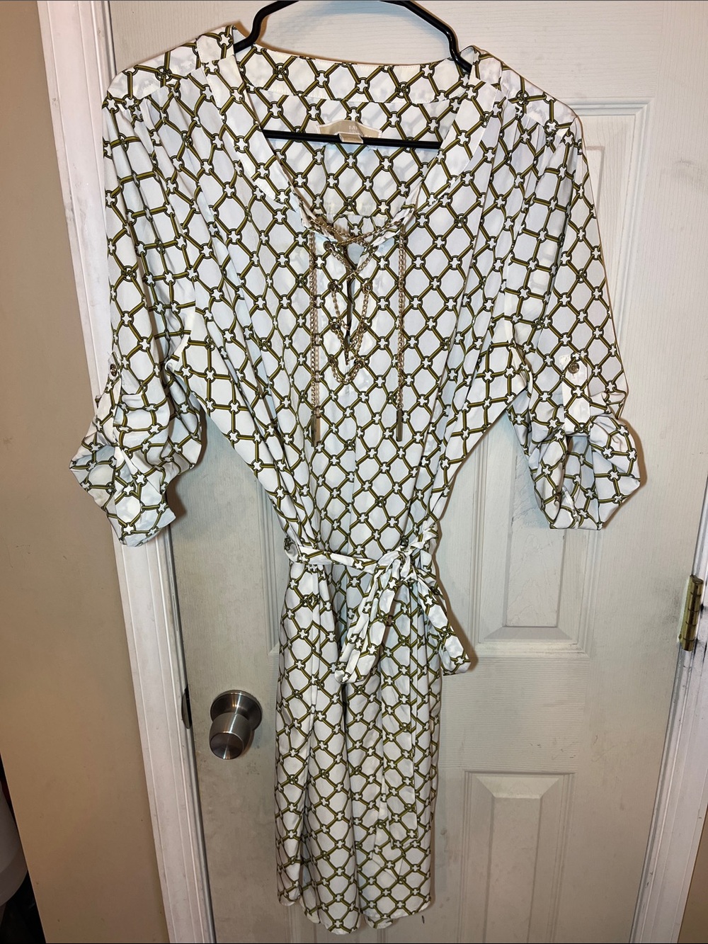 Michael Kors White and Olive Chain-Print Tie-Waist Midi Dress